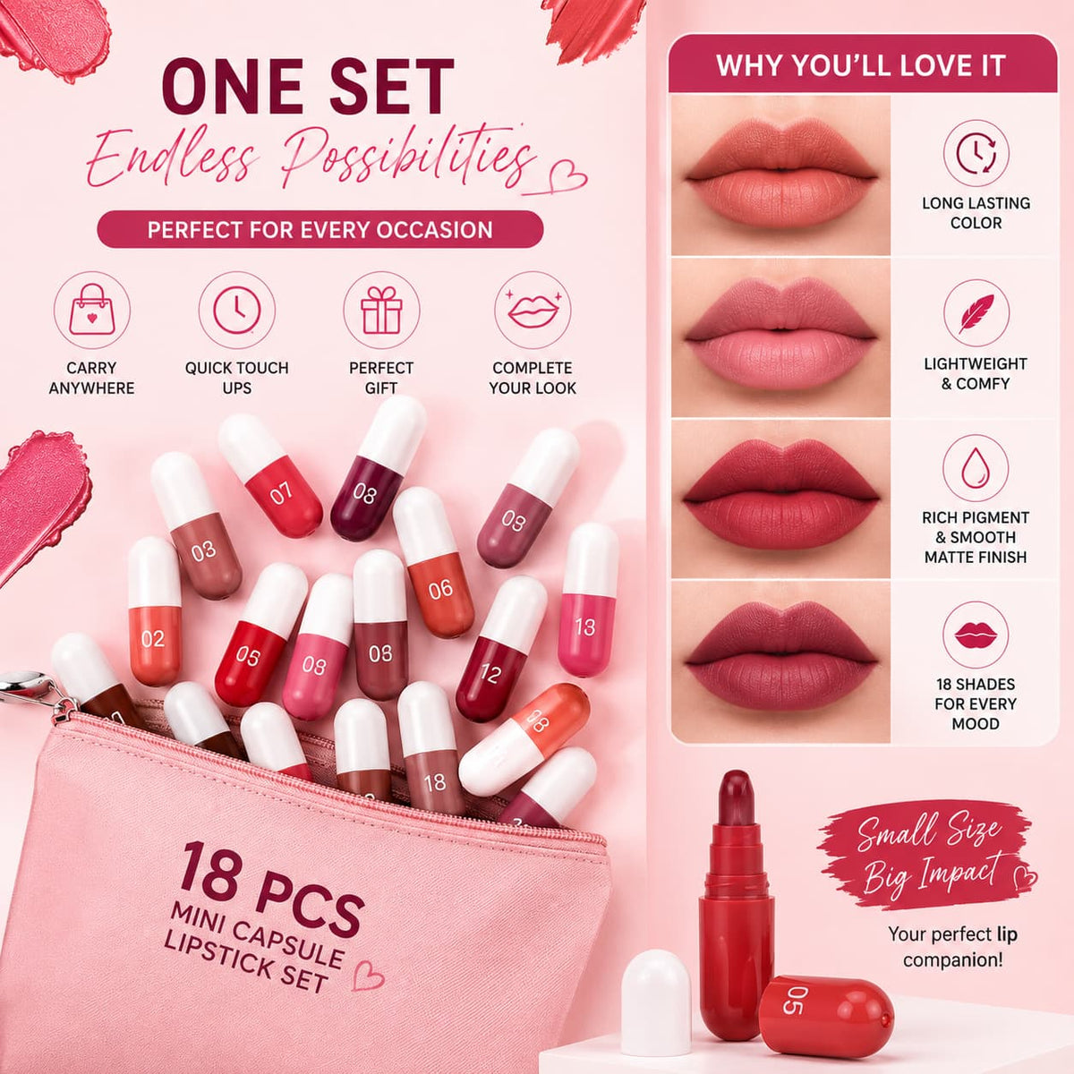 Mini Capsule Lipstick Pack 18pcs - Long Lasting, Moisturizing & Premium Quality